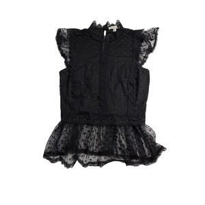 HAUTE MONDE Black Lace Mesh Swiss Dot Peplum Top High Neck Ruffle Size Small
